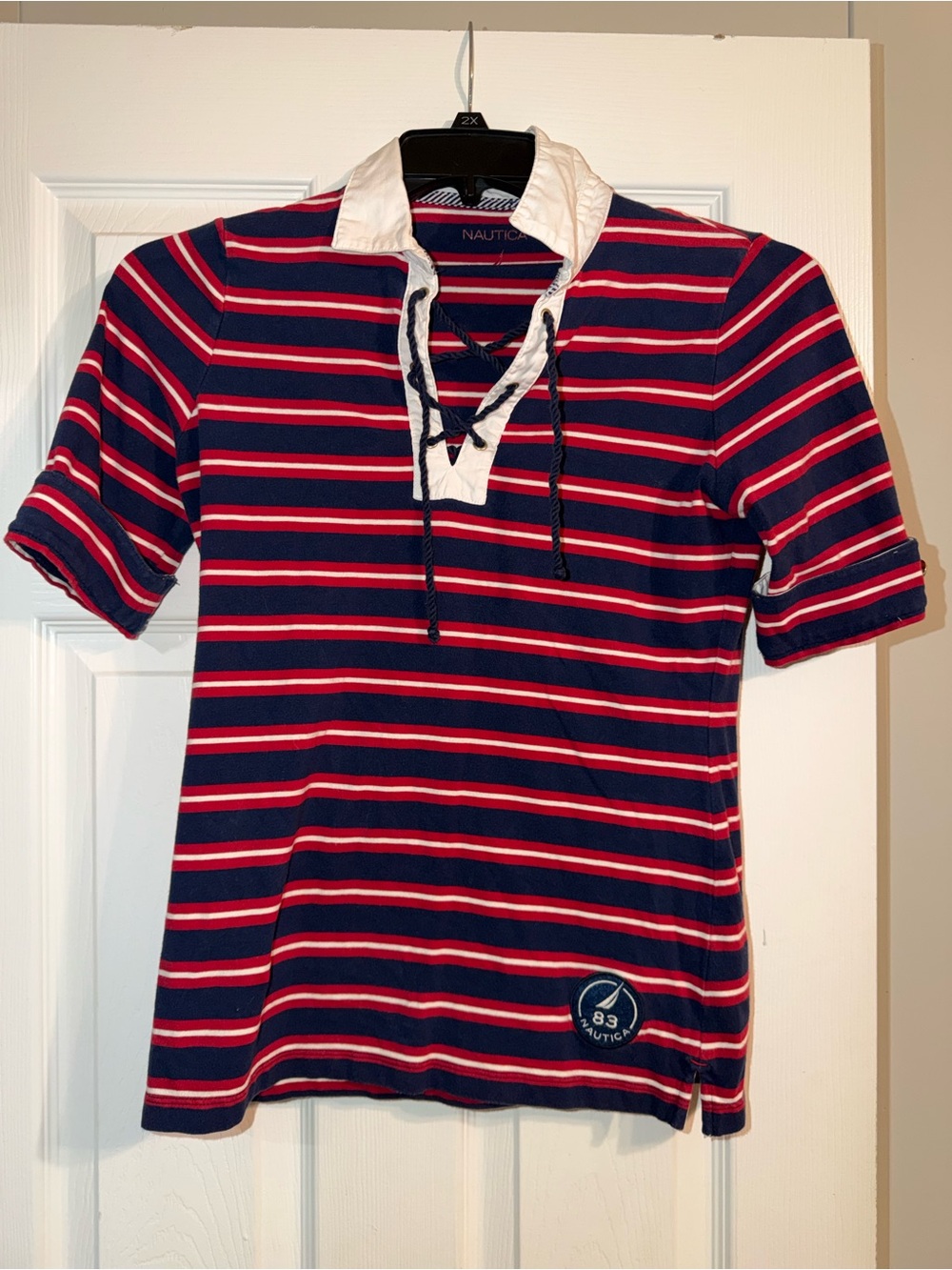 Nautica Navy Red Striped Lace Up Rugby Polo Shirt Small Y2K